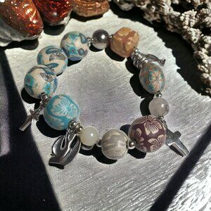 Handmade Bead Peace Cross Dove Stretch Bracelet 7" Fashion Costume Blue Silver